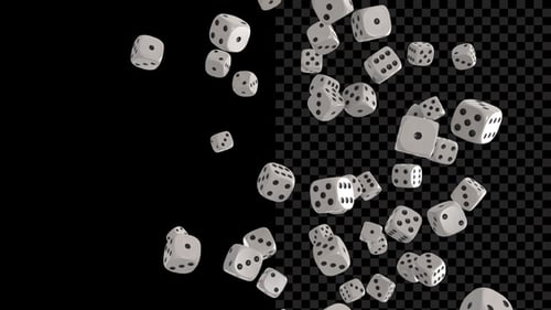 White Dice Falling and Rotating with Alpha Channel