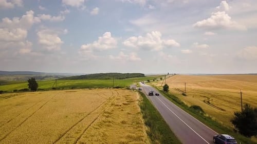 Aerial view of a road with moving cars between yellow agriculture wheat fields ready