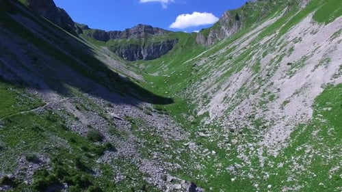 Aerial drone view of a scenic mountain valley