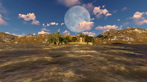 Moon Over Island Landscape Animation with Wavy Water