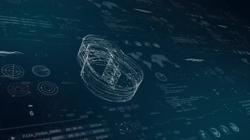 Blue particle security key logo with HUD background and futuristic technology abstract background