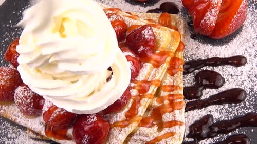 Waffle Dessert with Strawberries and Whipped Cream
