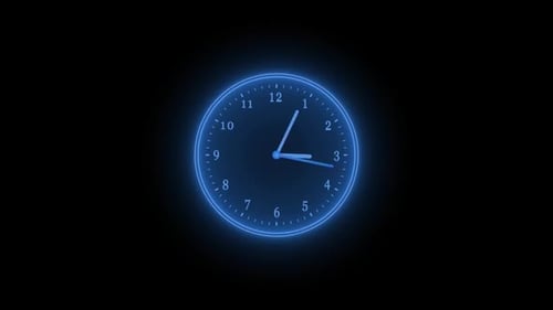 Relógio de néon azul isolado animado em fundo preto