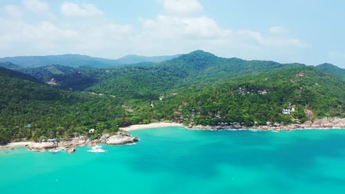 Aerial drone view sky of relaxing shore beach vacation by aqua blue ocean and white sand background