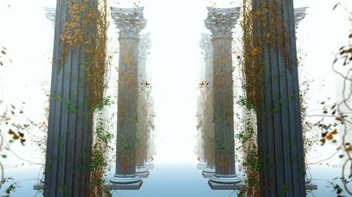 Flight Through Ancient Columns Overgrown with Green Vines