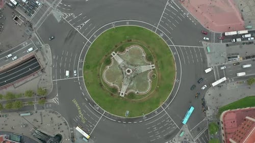 Plaza De Espana in Barcelona, Spain. Roundabout City Traffic, Top View