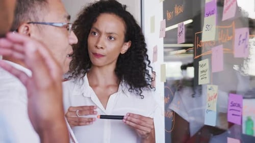 Colleagues Brainstorming Project on Glass Wall with Notes