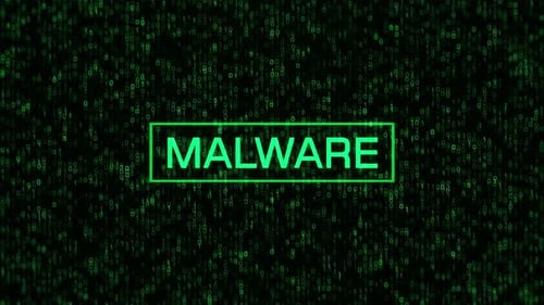 MALWARE Warning Over Computer Binary Background. MALWARE Text with Binary Code and Matrix