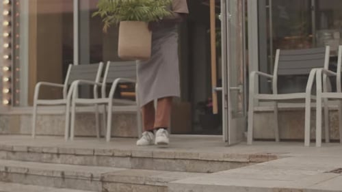 Waiters Arranging Flower Pots Outside Cafe