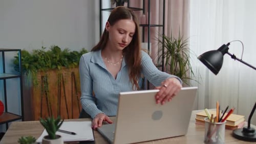 Young Business Woman Works on Laptop Makes Online Purchases Study Elearning Remote Job at Office