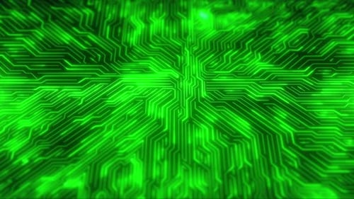 Matériel informatique : connexion, processeur, traces de la carte mère et éléments numériques, vert