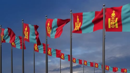 Realistic Waving Mongolian Flags on Poles Under Blue Sky
