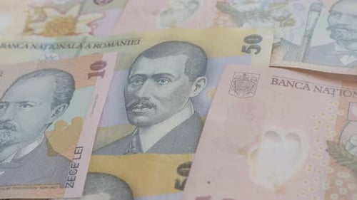 Close-up money of Romania background 3840X2160p 30fps UltraHD video - Romanian national currency l