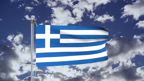 Waving Greek Flag on Flagpole Against Cloudy Sky
