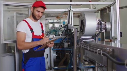 Jeune homme d'usine en uniforme prenant des notes sur le presse-papiers à l'usine de production d'eau