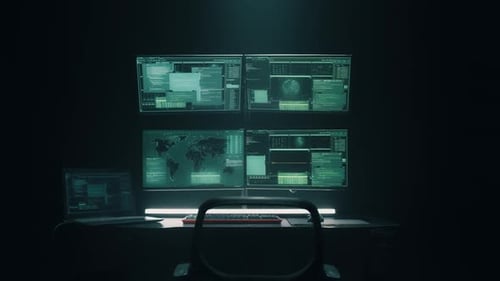 Dark Workplace with Computer Monitors and Rolling Chair