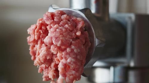 Ground Beef is Squeezed Out of a Meat Grinder