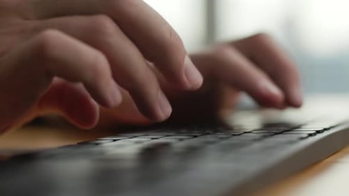 Hands Young Businessman Typing Busy Working on Computer Keyboard Macro Shot