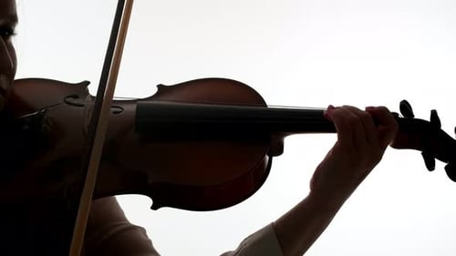 Woman musician plays the violin in a muted light on a white background, close-up.