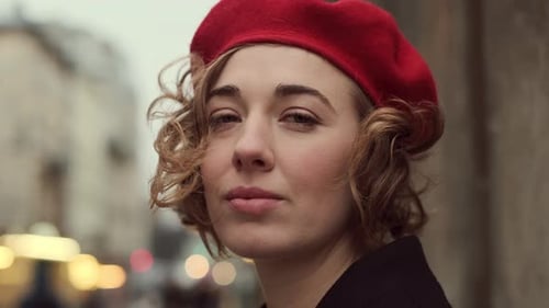 Woman Smiling with Red Beret Close Up Portrait
