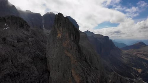 Aerial View of the Paso Gardena Pass in the Province of Bolzano. Dolomites. Flying Near the Sella