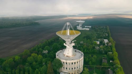 Radio Telescopes Amidst Fields Aerial View