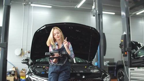 Happy Gorgeous Girl Using Computer Diagnostics While Repairing Car