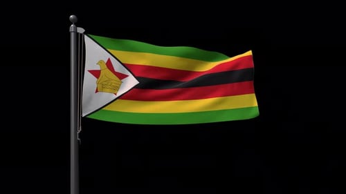 Zimbabwe Flag On Flagpole With Alpha Channel 4K