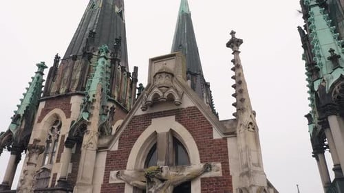 Aerial View of Historical Church of Saints Olga and Elizabeth Old Gothic Temple in Town Lviv Ukraine