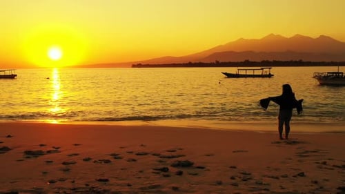 Single lady posing on idyllic sea view beach journey by turquoise sea with white sand background of