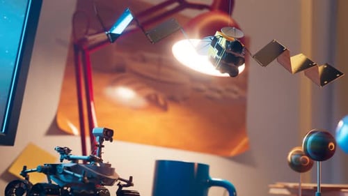 Animated Desk Scene with Space Exploration Models