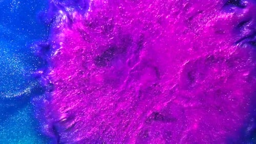Abstract colorful blue and pink ink splatter explosion in liquid water with metallic particles flowi