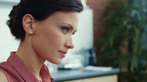Business Woman Finishing Work on Laptop. Girl Browsing Internet on Computer.