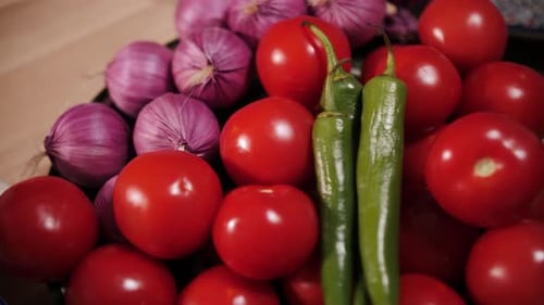 Fresh Tomatoes, Peppers, and Onions Assortment