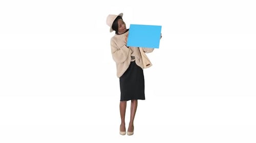 Smiling Woman Holding Sign on White Background