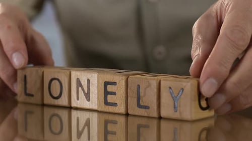 Lonely, Senior Man Making Word of Wooden Cubes, People in Retirement Home