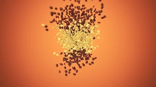 Brown grains that are creating a silhouette of the coffee cup with foam.