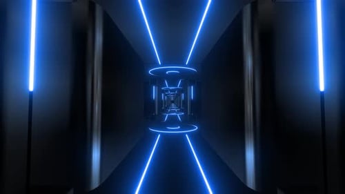 Futuristic Blue Neon Light Tunnel Loop Background