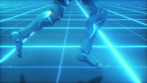 A Futuristic Humanoid Robot Running Through a Sci-fi Grid Surface