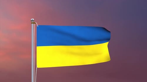 Realistic Ukrainian Flag Waving Animation Against Sunset Sky