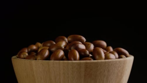 Close-up Rotation of Oak Acorns on Black Background
