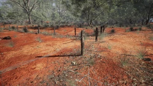 Arid Outback Landscape with Rustic Barbed Wire Fence