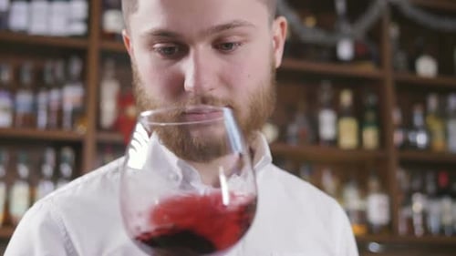 Young Bearded Man Inspects Red Wine