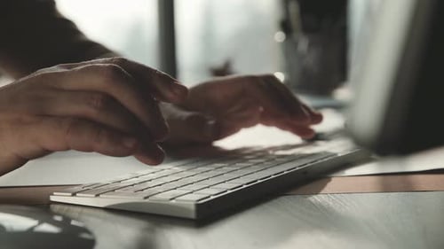 Working on Laptop Computer, Typing on Keyboard, Modern Office Business