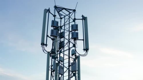 Telecommunications tower carrying broadcasting antennas for 5G cellular networks mobile telephony.