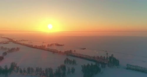 Aerial Drone View of Cold Winter Landscape with Arctic Field, Trees Covered with Frost Snow and