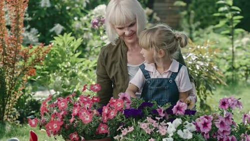 Grandmother and Child Gardening Together Outdoors