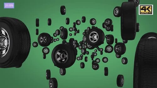 Animated 3D Car Tires Floating and Rotating Background Loop