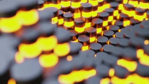 Cilindros negros y amarillos en movimiento y formas geométricas onduladas