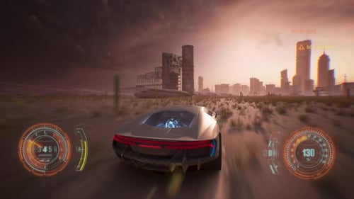 4K fake shooter and racing gameplay. Getting to the city at sunset with HUD
